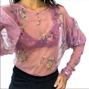 Zara Sheer Pink Floral Balloon Sleeve Mesh Top